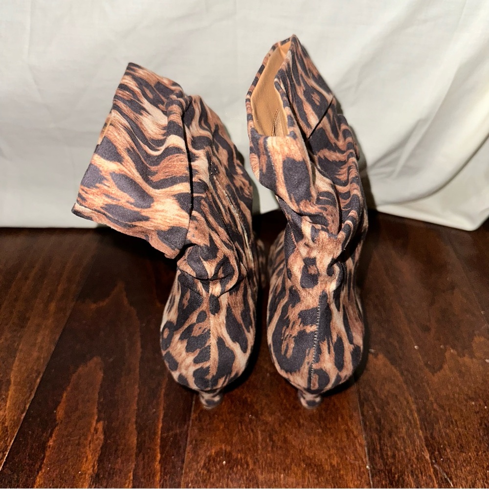 Kitten Heel Jessica Simpson Leopard Heeled Boots with Pointed Toe & Ruched Ankle - Picture 7 of 16